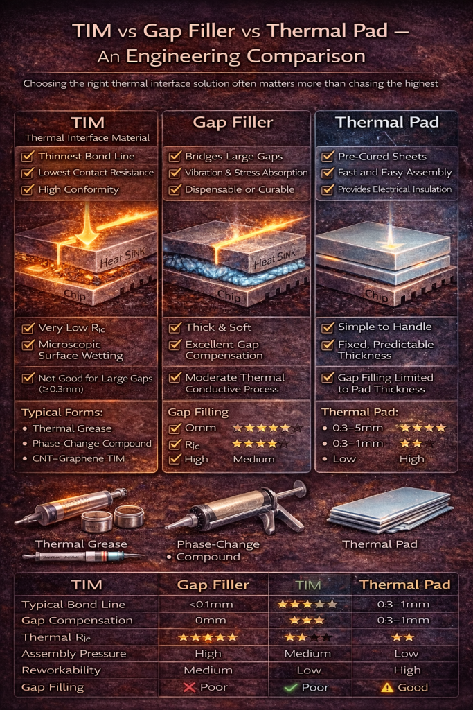TIM vs Gap Filler vs Thermal Pad – An Engineering Comparison