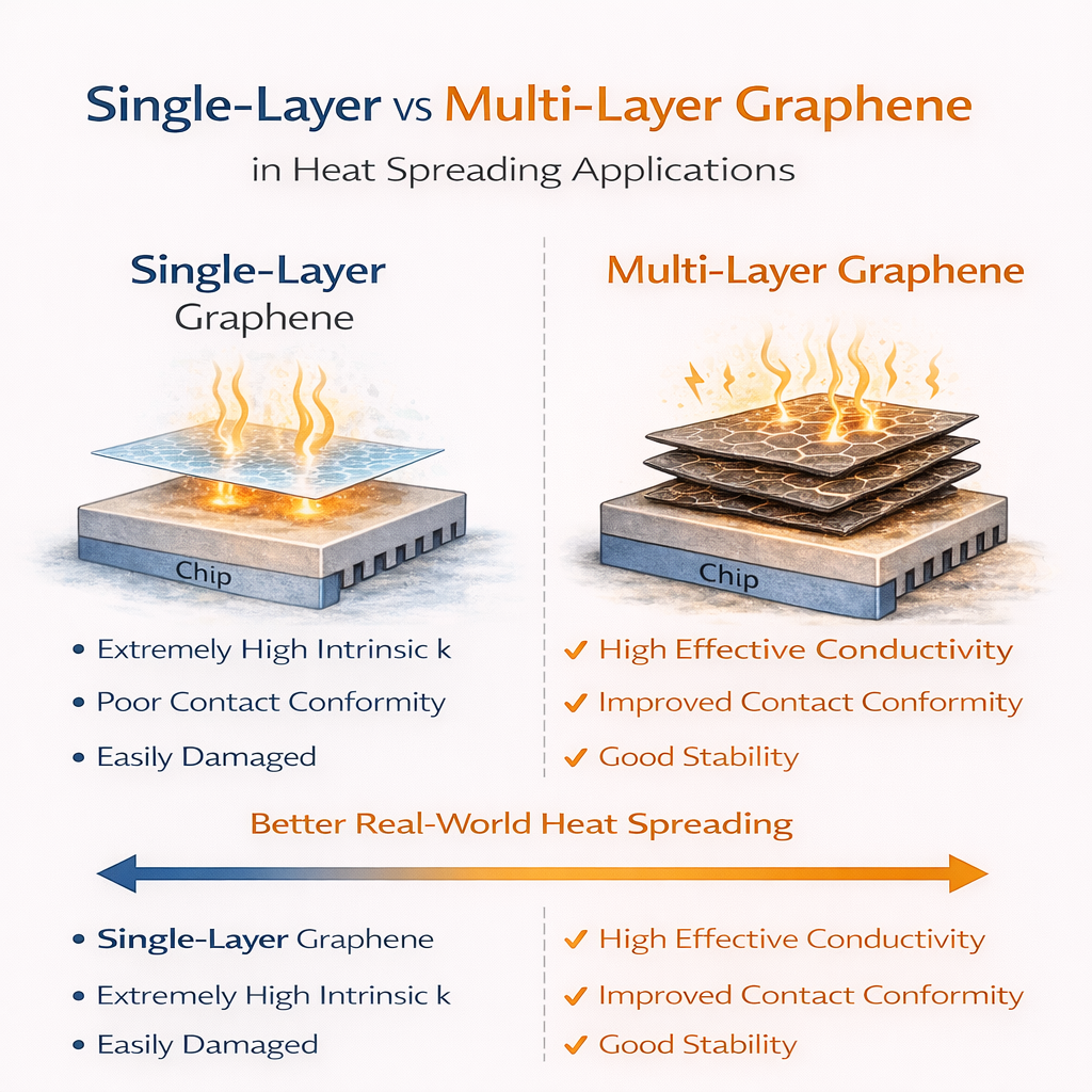 Single-Layer vs Multi-Layer Graphene in Heat Spreading Applications