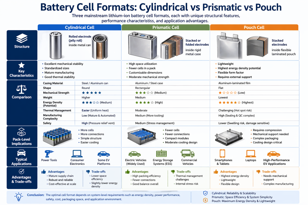 Battery Cell Formats: Cylindrical vs Prismatic vs Pouch