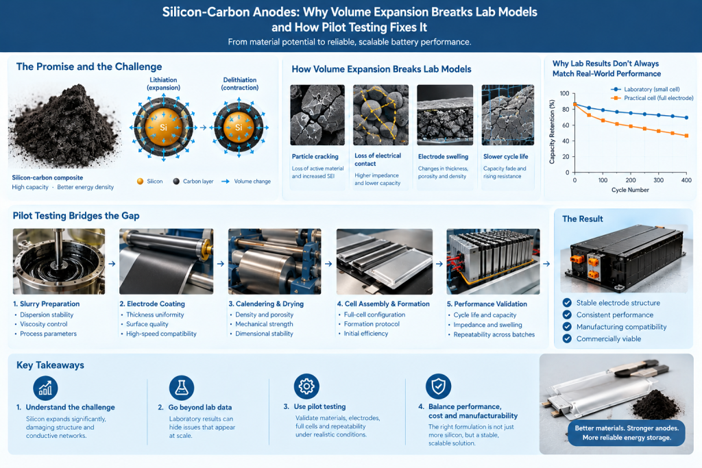 Silicon-Carbon Anodes: Why Volume Expansion Breaks Lab Models and How Pilot Testing Fixes It