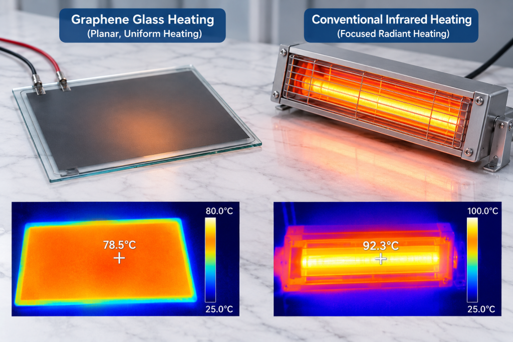 Graphene Glass Heating vs. Conventional Infrared Heating: Performance and Design Considerations